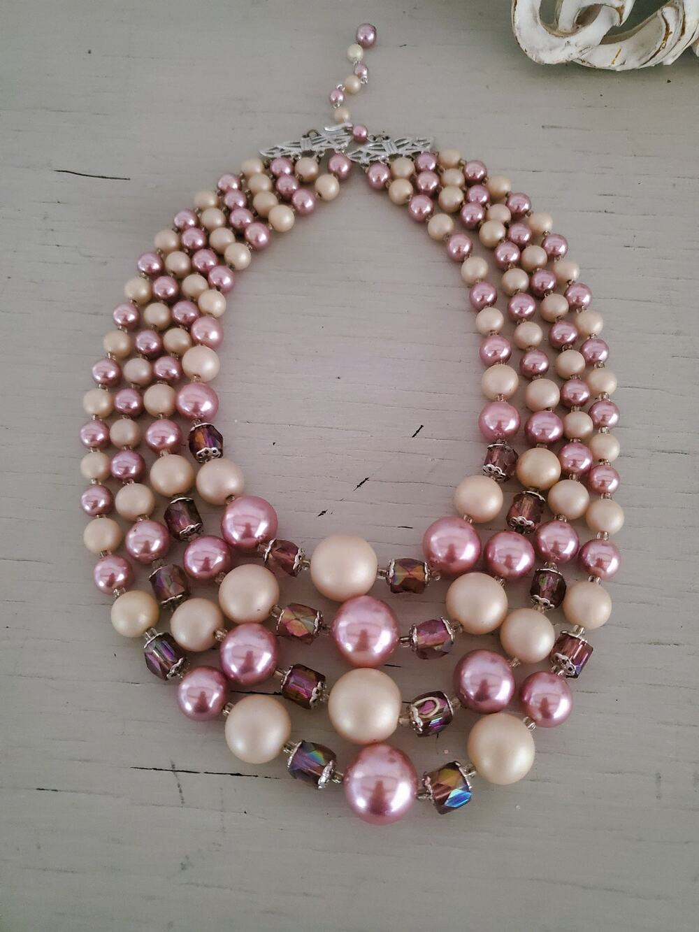 Vintage 4 Strand Hong Kong Lavender & Cream Acrylic Graduated Bead Necklace